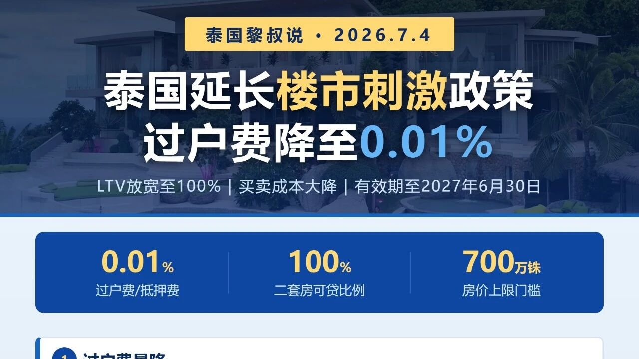 泰国政府延长楼市刺激政策，过户费降至0.01%，LTV放宽至100%