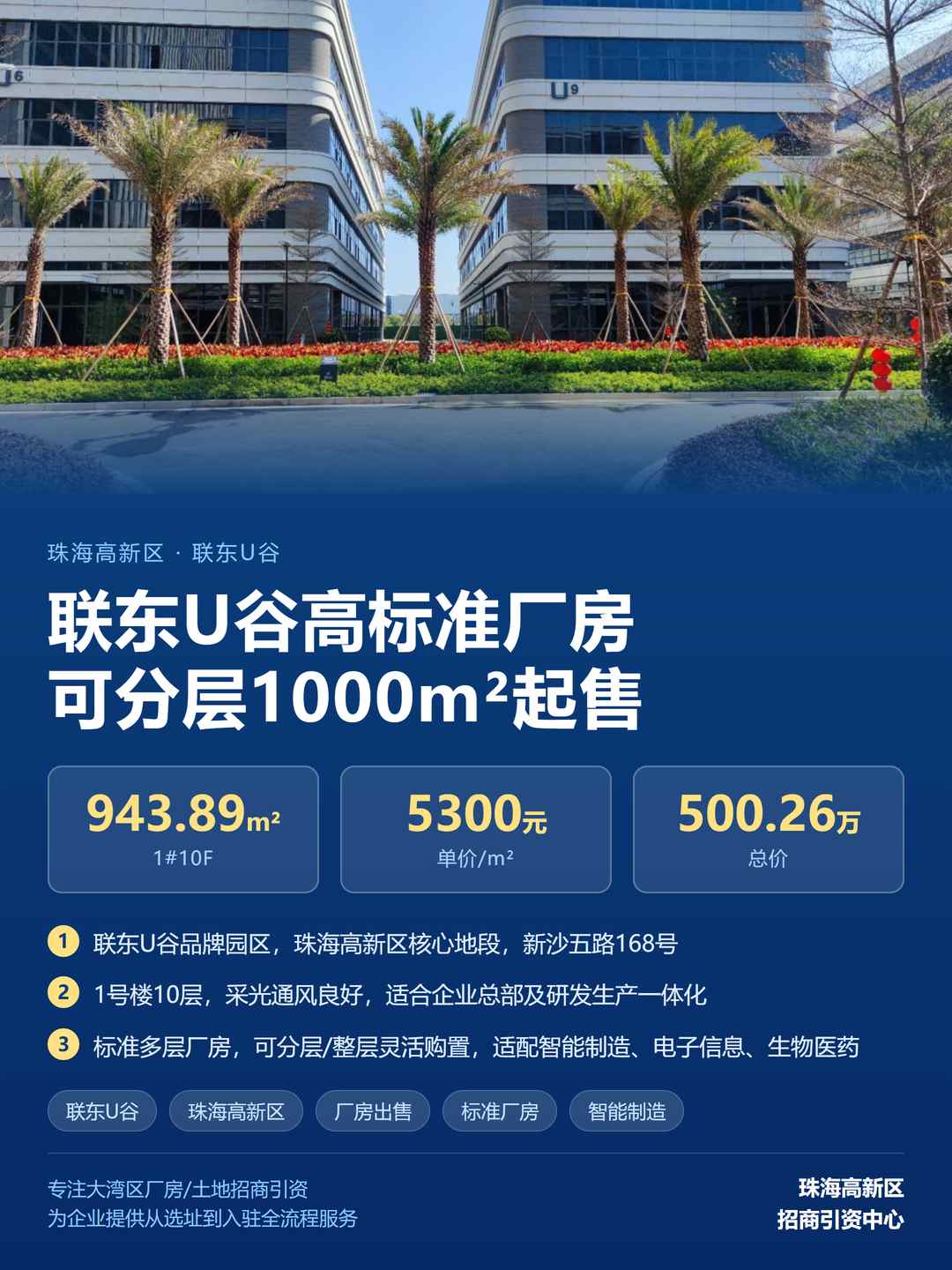 【推荐】珠海高新区联东U谷标准厂房出售 1#10F 943.89㎡总价500.26万