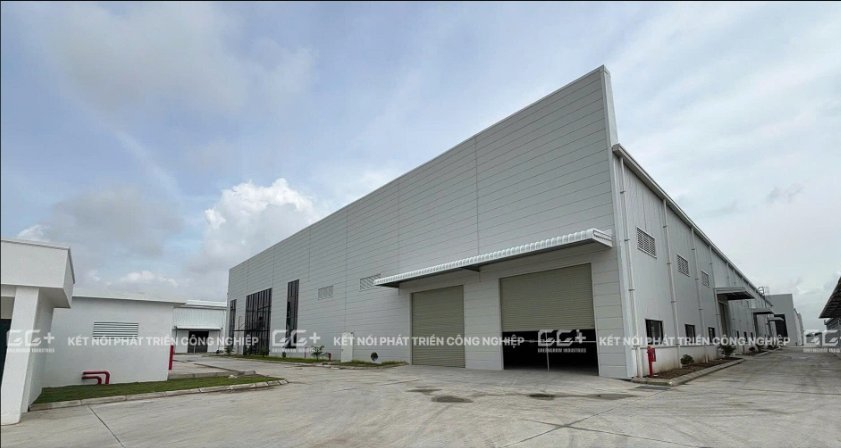 厂房外景：钢结构建筑、卷帘门入口、硬化道路